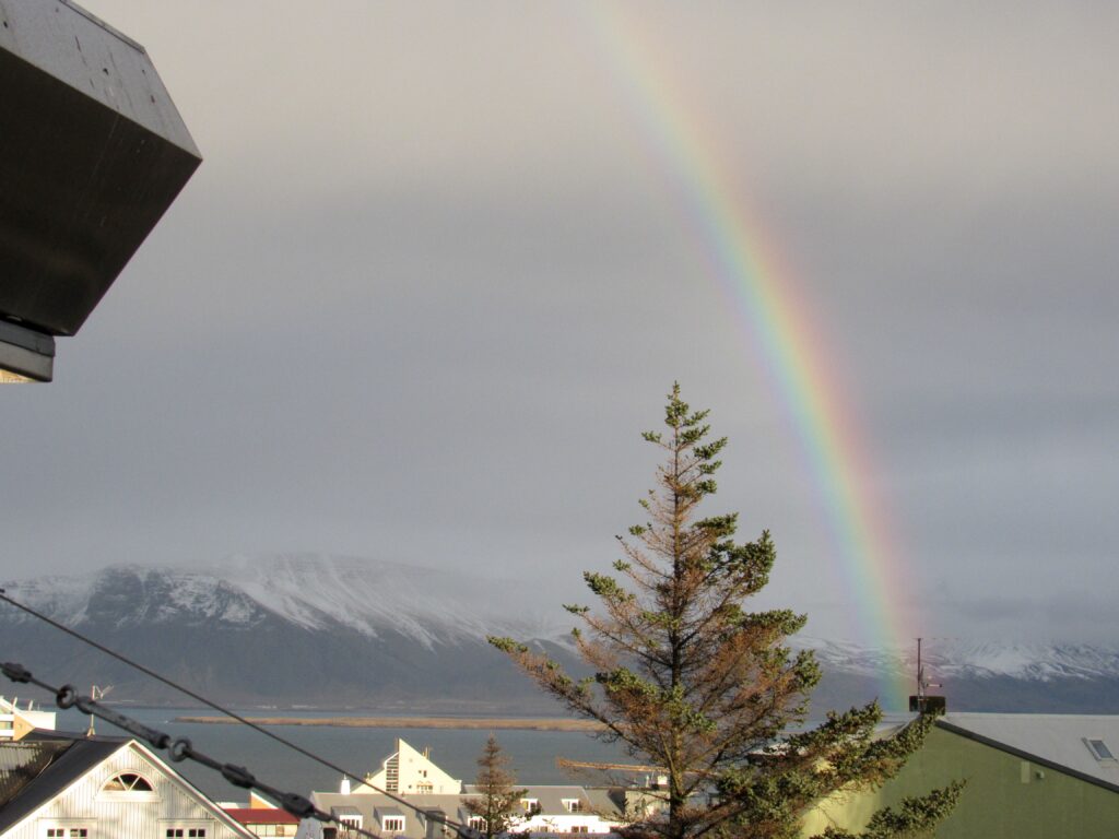 A rainbow is seen in the sky over some houses.